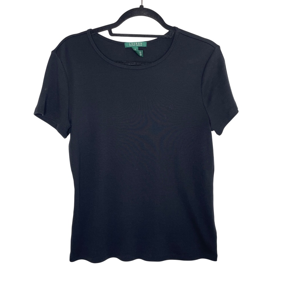 Lauren Ralph Lauren T-Shirt Womens Large Black Ribbed Cotton Crewneck‎ RL Logo